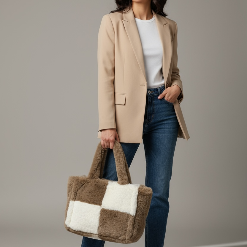 Bolso Efecto Peluche Cuadros